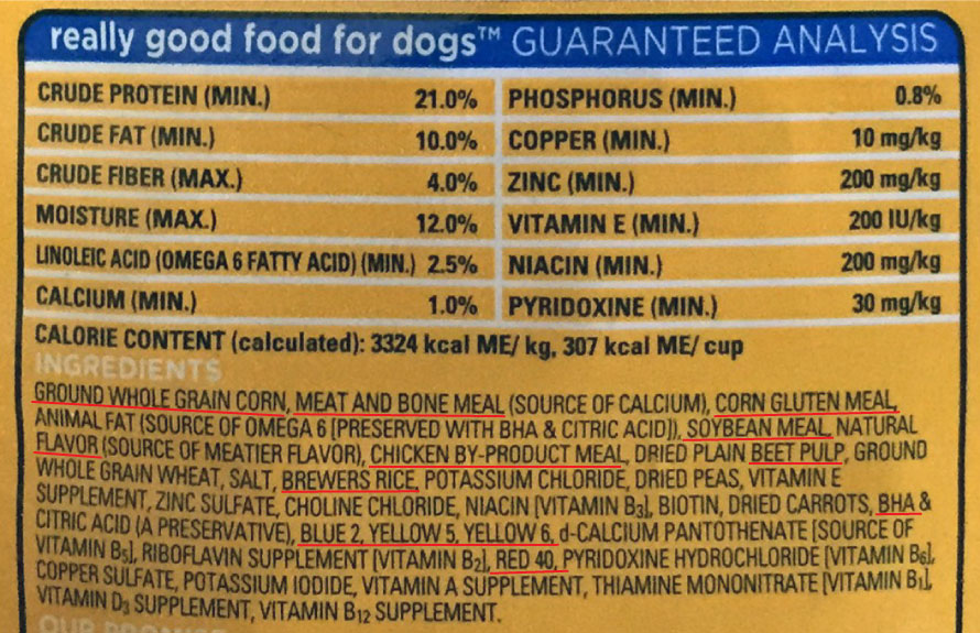 Pedigree Pet Food Ingredient Label - risks of processed commercial pet foods - packaged pet foods for dogs and cats