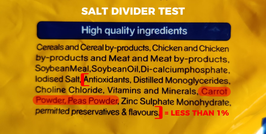 Obesity in Dogs and Cats, Weight Management Pet Food, Pedigree Chicken and Vegetables Adult Dog Food failing the salt divider test